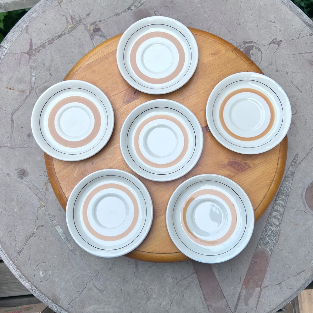 Vintage Saucers Set of 6 White Tan Black Mid Century Restaurant Ware Grindley